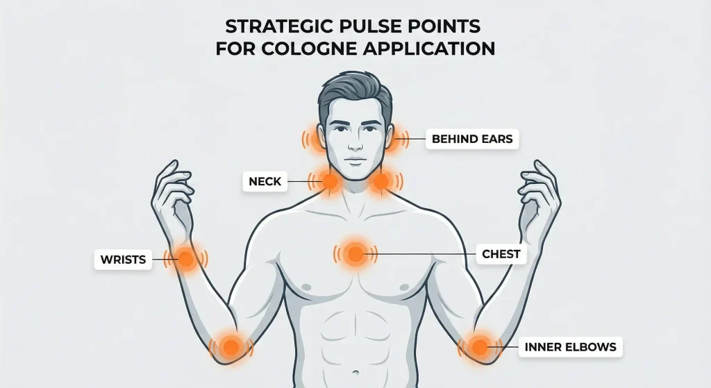 How to Make Your Cologne Last All Day 2 An illustration of a man's upper body highlighting the best strategic pulse points to apply cologne: behind ears, neck, chest, wrists, and inner elbows.
