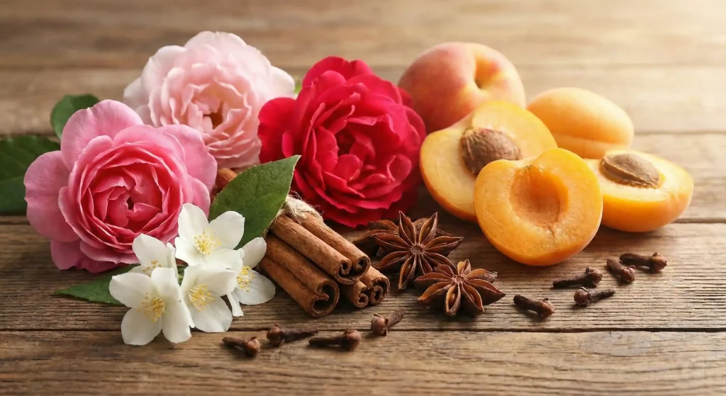 A rich composition of fragrance heart note ingredients on a wooden texture, displaying blooming pink and red roses, white jasmine flowers, warm cinnamon sticks, star anise, and sliced juicy peaches and apricots.