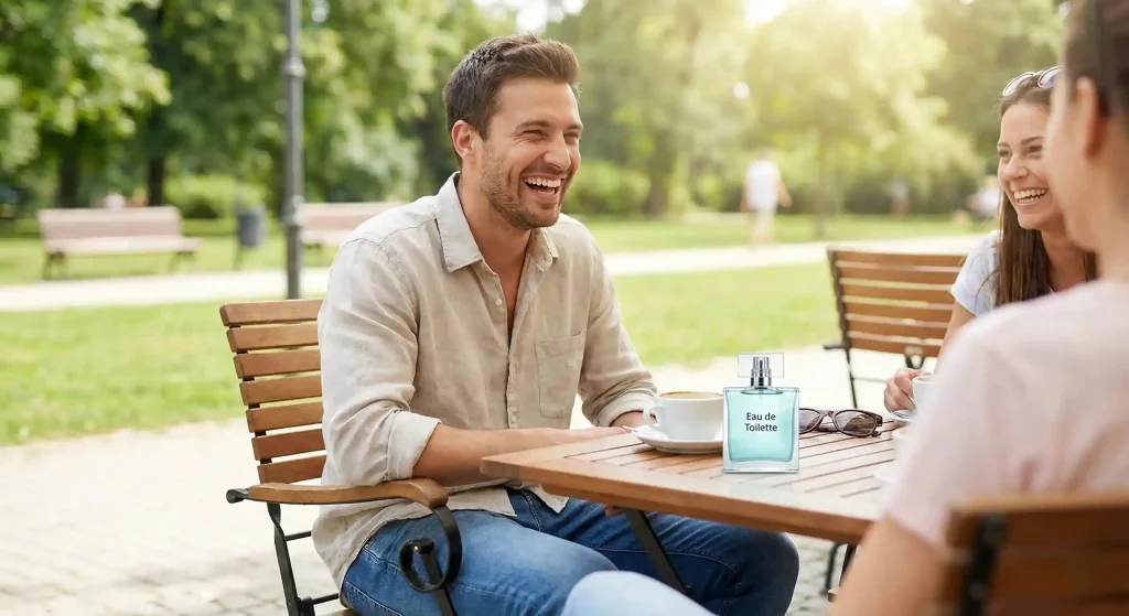 A man smiling and laughing with friends at an outdoor cafe in a park, with a fresh, light blue Eau de Toilette fragrance bottle on the table, representing relaxed and easygoing casual wear.