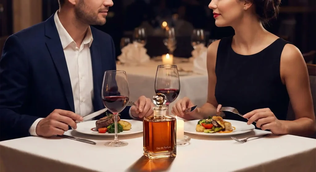 A couple enjoying a romantic candlelit dinner at a restaurant, with a warm-toned Eau de Parfum fragrance bottle prominently displayed on the table, symbolizing intimacy and lasting impressions.