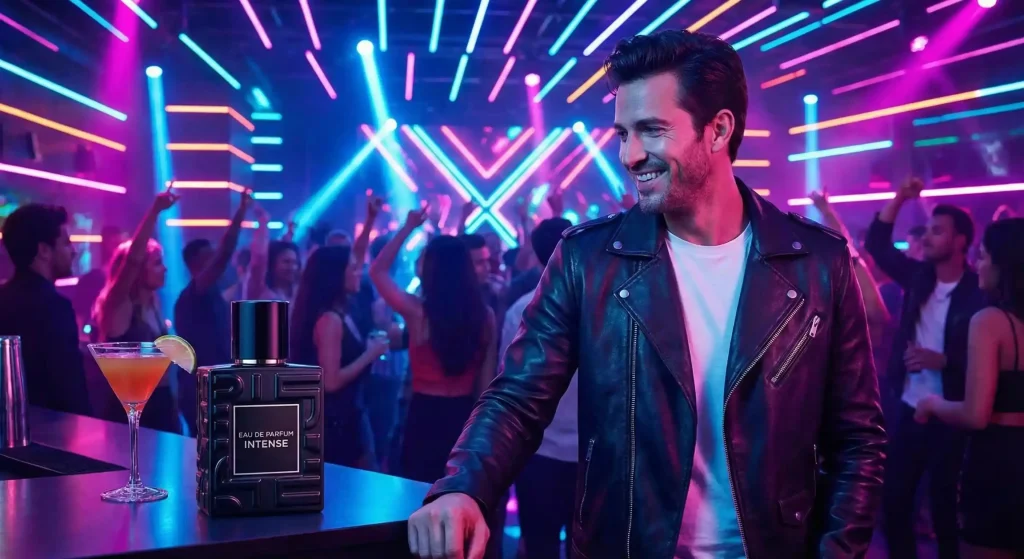 A man in a leather jacket confidently standing at a bar in a vibrant nightclub with neon lights and dancing people, next to a dark, intense Eau de Parfum bottle and a cocktail, perfect for making a statement in nightlife