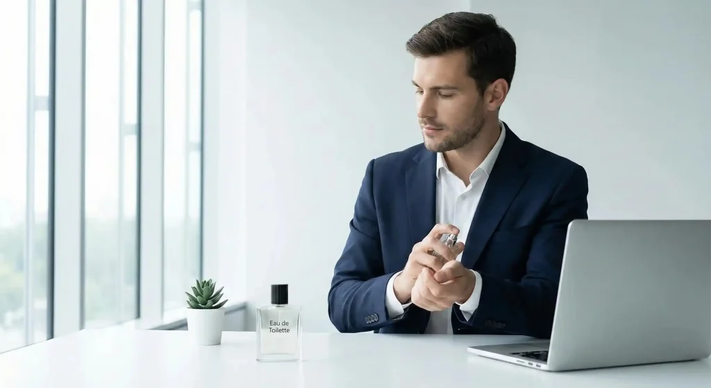 A well-dressed man in a suit applying a light Eau de Toilette fragrance to his wrist at a clean, modern office desk with a laptop and a small plant, suitable for professional environments.