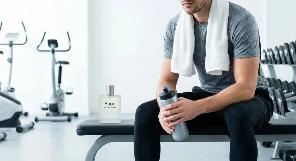 man sitting on a bench in a clean gym with a towel around his neck and a water bottle, next to a clear Eau de Toilette fragrance bottle labeled "Sport," suitable for post-workout freshness.