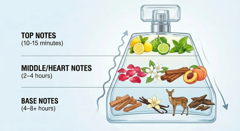 A detailed diagram of a perfume bottle shaped like a pyramid divided into three horizontal layers. The top layer displays citrus and mint (Top Notes), the middle layer shows roses and spices (Heart Notes), and the bottom layer features woods and musk (Base Notes). Arrows indicate the timeline of evaporation from 15 minutes to over 8 hours.