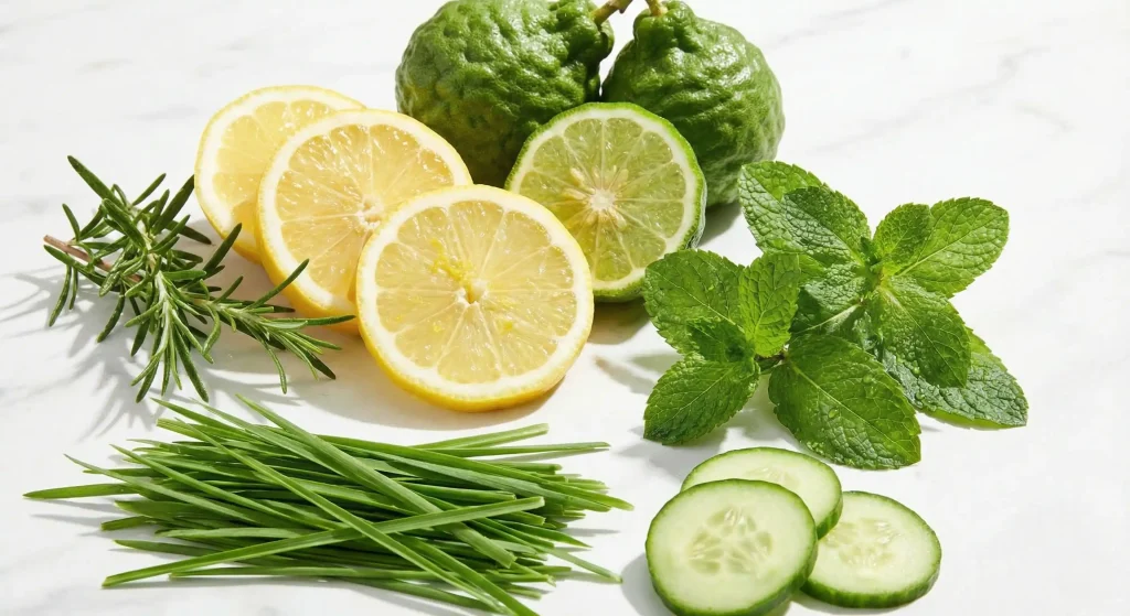 A bright and fresh arrangement of common perfume top note ingredients on a white marble surface, featuring sliced yellow lemons, textured green bergamot, fresh mint leaves, cucumber slices, and sprigs of green rosemary.