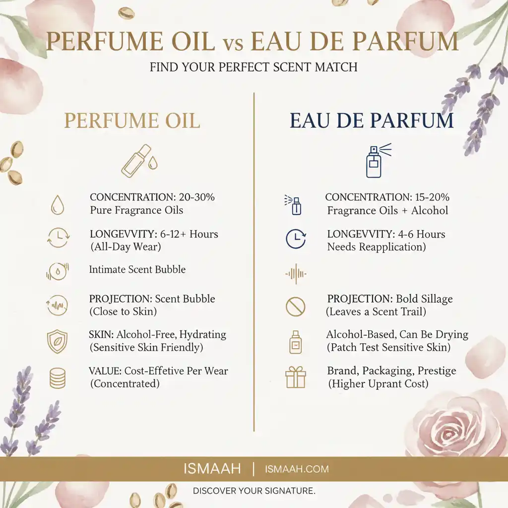 A vertical infographic comparing Perfume Oil (left) and Eau de Parfum (right) in a 2:3 ratio. The oil side highlights points like "Alcohol-Free," "6-12+ Hours Longevity," and "Intimate Scent Bubble," while the EDP side highlights "Alcohol Base," "4-6 Hours Longevity," and "Bold Sillage." The text is visually organized with clear icons and a central dividing line