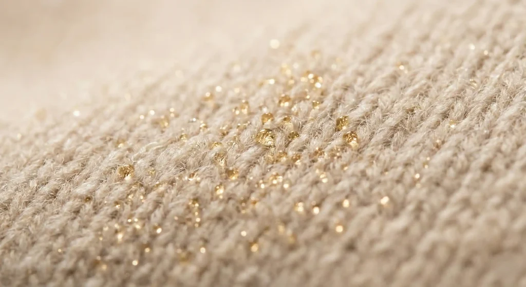 Does Perfume Last Longer On Clothes Or Skin: The Complete Guide 1 Macro photograph of small, golden-colored perfume oil droplets resting on the fibers of a beige wool fabric.