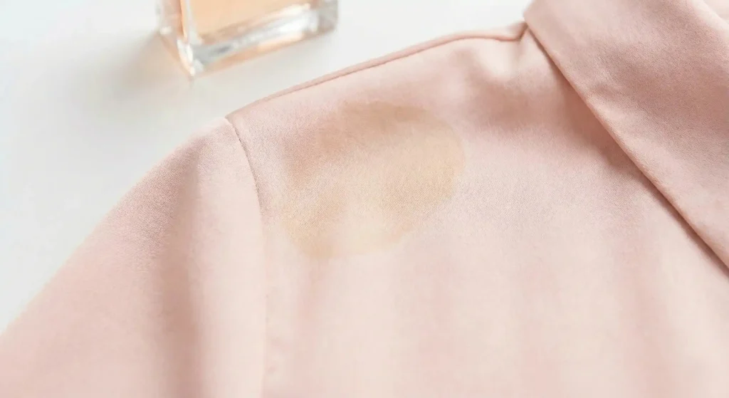 Does Perfume Last Longer On Clothes Or Skin: The Complete Guide 3 Photograph of a light pink silk blouse showing a yellowish, oily perfume stain on the shoulder area.