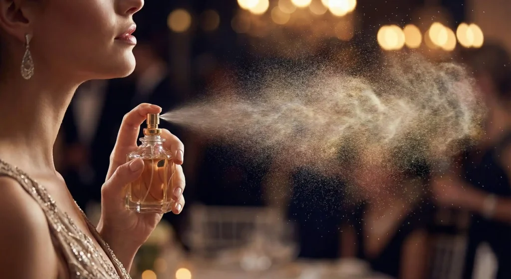 A woman in evening wear spraying Eau de Parfum from a glass bottle, creating a visible mist or cloud of fragrance, emphasizing the strong, immediate projection of spray perfumes in a social setting.